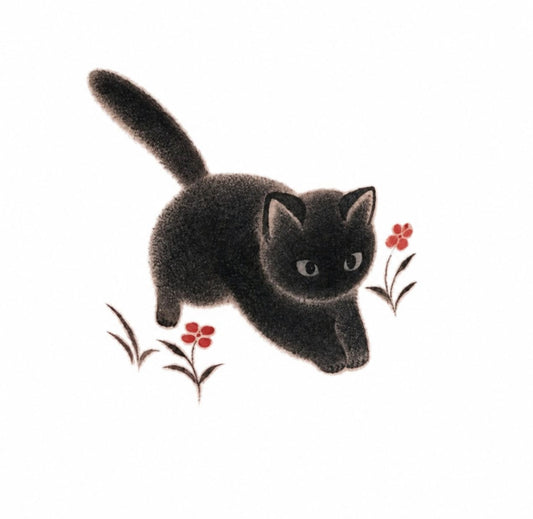 The Classic black Cat with flowers temporary tattoo