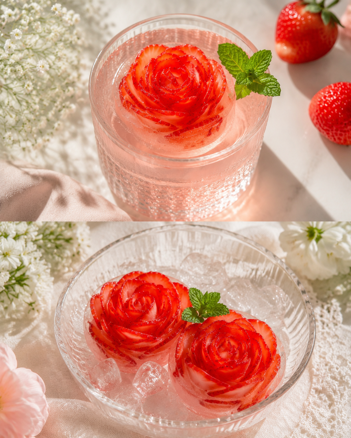 hielo de fresa y rosa.